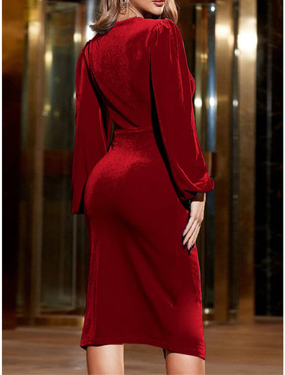 Women's Christmas Party Dress Velvet Dress Cocktail Dress Midi Dress Wine Long Sleeve Pure Color Ruched Spring Fall Winter V Neck Fashion Winter Dress Wedding Guest