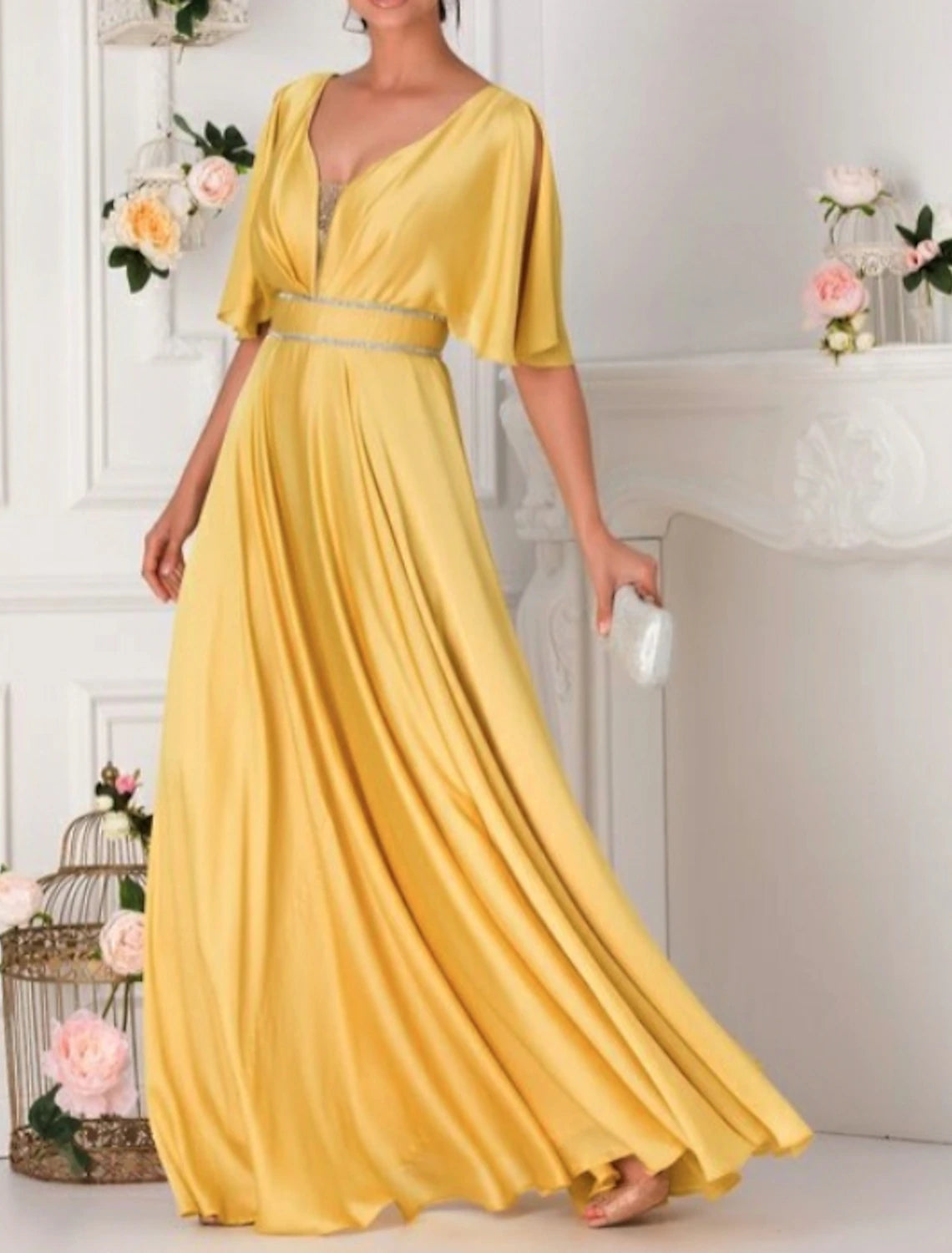 A-Line Elegant Formal Evening Birthday Dress Plunging Neck Half Sleeve Floor Length Satin with Crystals