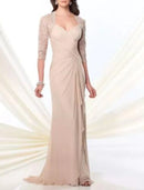 Sheath / Column Mother of the Bride Dress Elegant & Luxurious Sweetheart Sweep / Brush Train Chiffon Lace Half Sleeve with Pleats