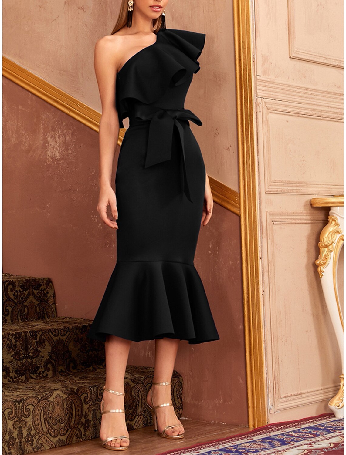 Women's Little Black Dress Party Dress Cocktail Dress Midi Dress Black Sleeveless Pure Color Lace up Spring Fall Winter One Shoulder Fashion Winter Dress Wedding Guest