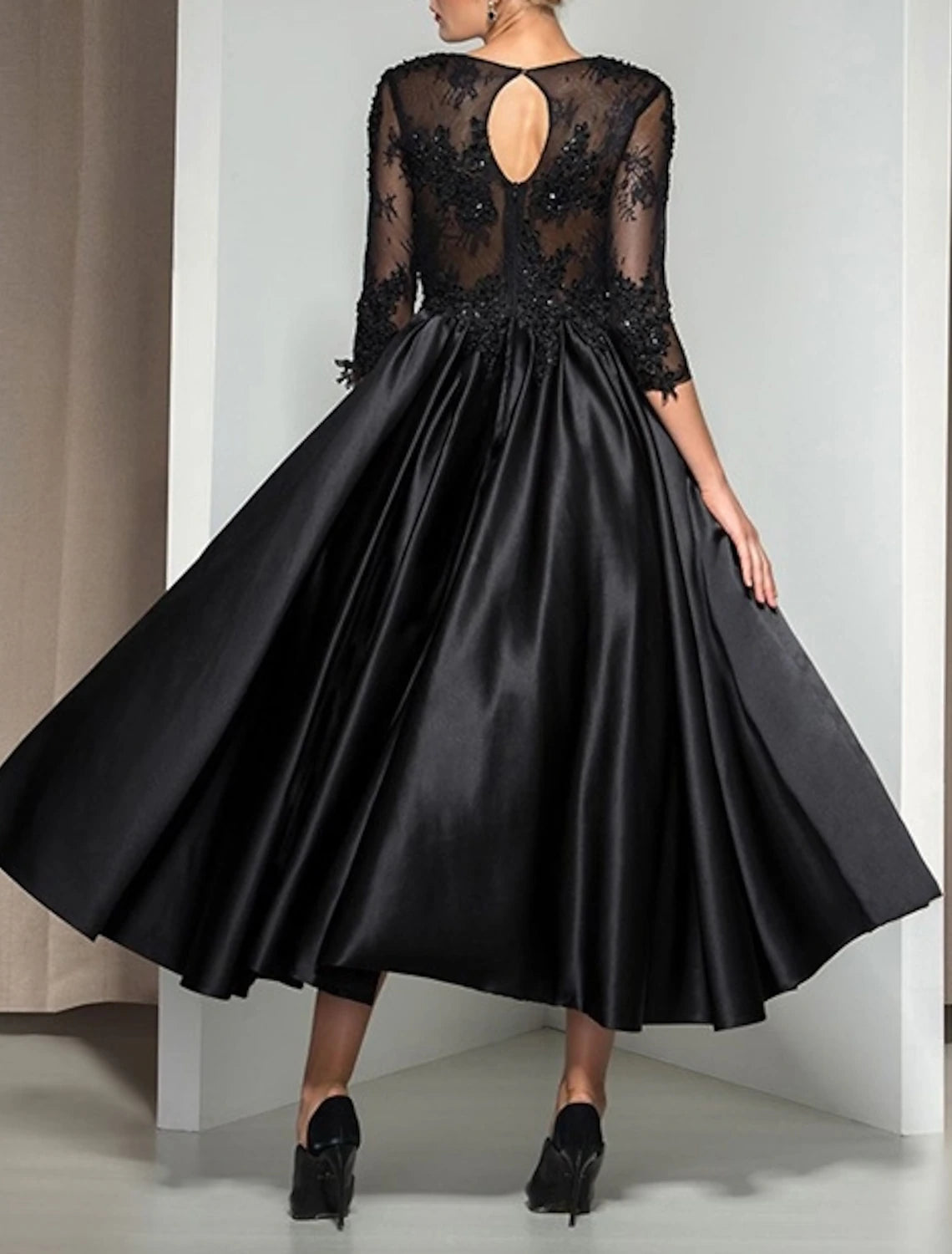 A-Line Elegant Cocktail Party Formal Black Dress Plus Size Evening Dress Illusion Neck 3/4 Length Sleeve Ankle Length Lace with Appliques