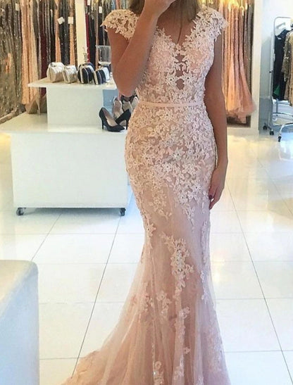 Mermaid / Trumpet Elegant Floral Engagement Formal Evening Dress V Neck Short Sleeve Sweep / Brush Train Lace with Appliques