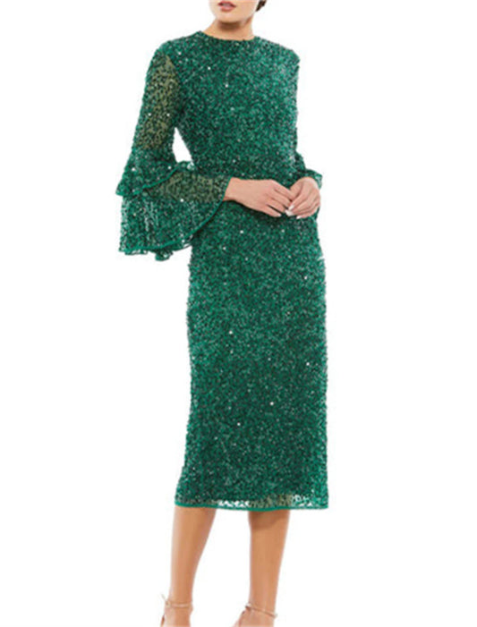 Sheath / Column Cocktail Dresses Party Dress Party Wear Wedding Guest Tea Length 3/4 Length Sleeve Jewel Neck Sequined with Sequin Ruffles