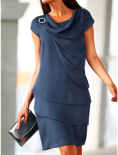 Women's Party Dress Wedding Guest Dress Shift Dress Midi Dress Navy Blue Khaki Short Sleeve Pure Color Ruched Summer Spring Fall Crew Neck Fashion Wedding Guest Vacation Summer Dress