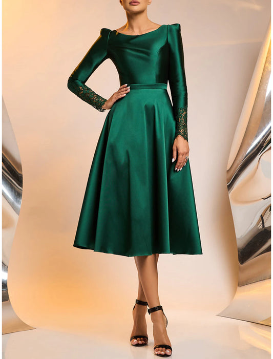 A-Line Cocktail Dresses Elegant Dress Wedding Guest Tea Length Long Sleeve Jewel Neck Satin with Appliques