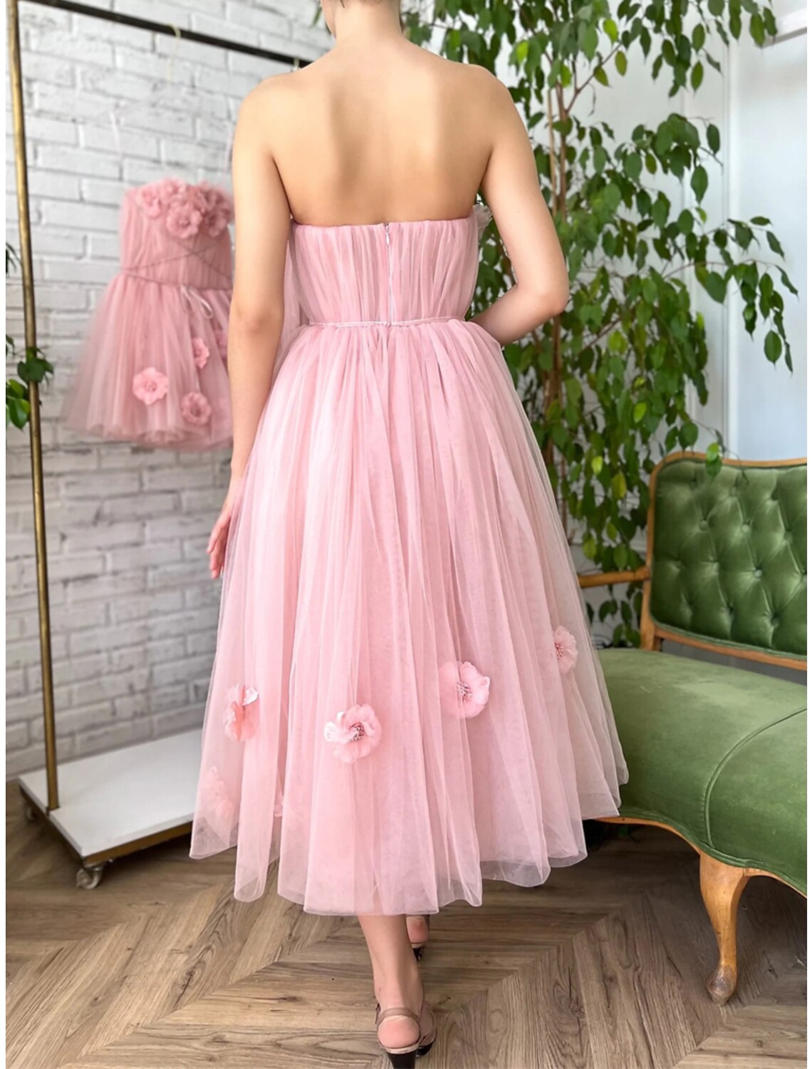 Women's Party Dress Homecoming Dress Cocktail Dress Midi Dress Pink Sleeveless Pure Color Mesh Spring Fall Winter Strapless Fashion Wedding Guest Birthday Vacation