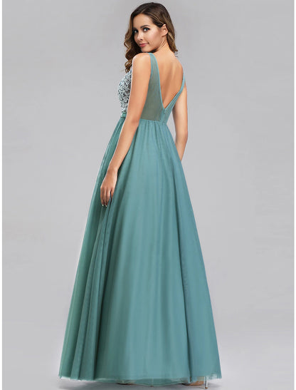 A-Line Empire Holiday Prom Dress V Neck V Back Sleeveless Floor Length Chiffon with Appliques