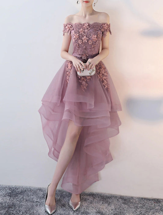 A-Line Prom Party Dress Floral Dress Wedding Guest Prom Asymmetrical Short Sleeve Off Shoulder Tulle with Appliques