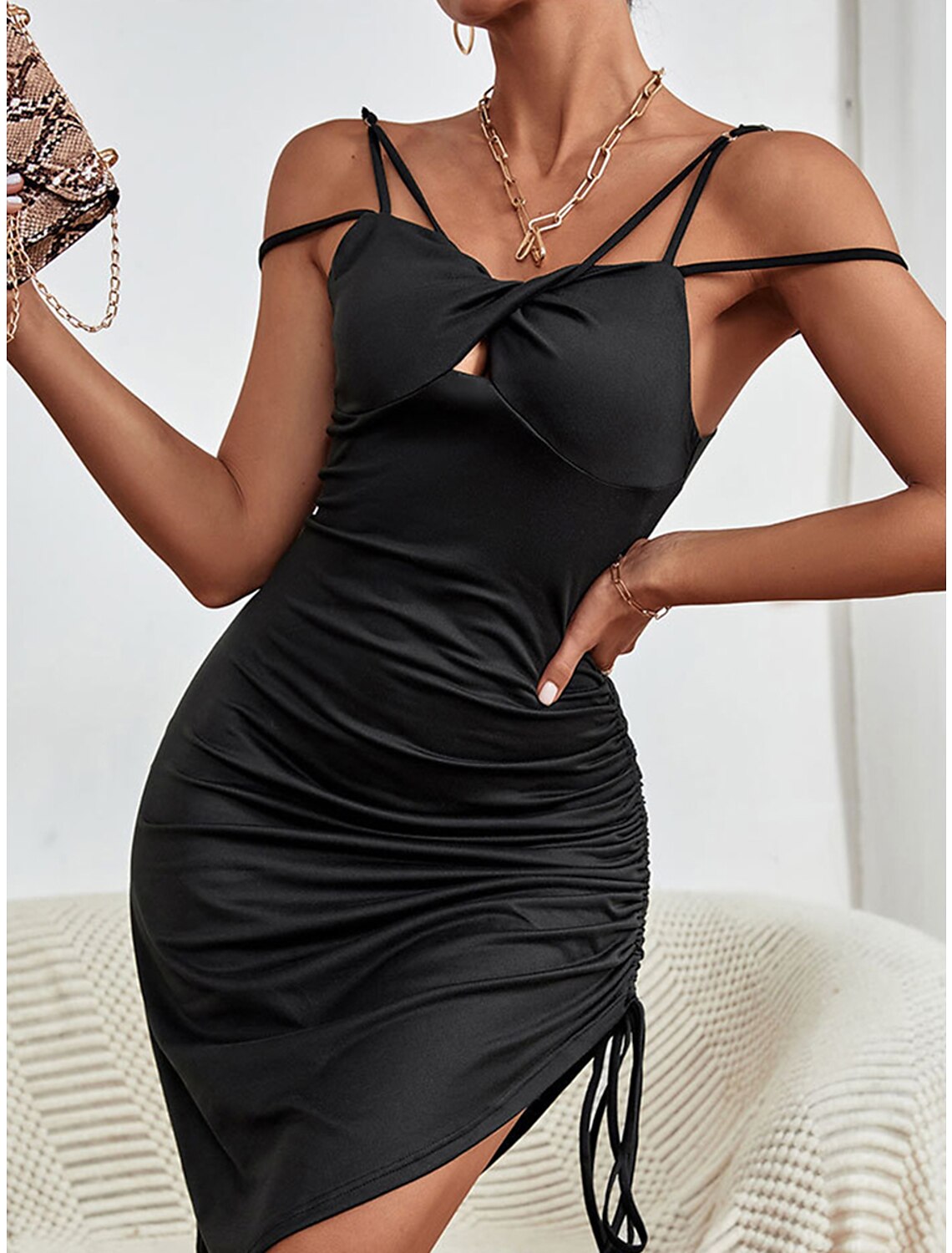 Women's Black Dress Party Dress Wedding Guest Dress Midi Dress Black Sleeveless Plain Backless Summer Spring Fall Spaghetti Strap Party Winter Dress Wedding Guest Vacation