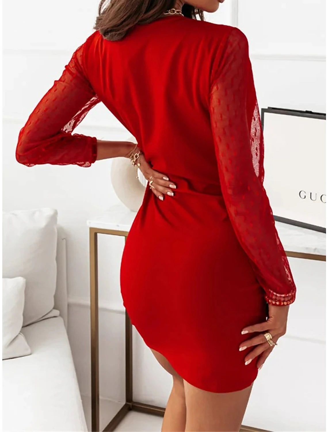 Women's Party Dress Red Christmas Dress New Year's Eve Dress Cocktail Dress Bodycon Mini Dress Black White Red Long Sleeve Ruched Spring Fall Winter V Neck Winter Dress