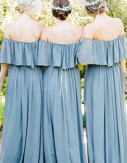 A-Line Off The Shoulder Ruffle Sleeves Chiffon Bridesmaid Dress