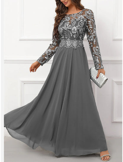 Women's Prom Dress Party Dress Lace Dress Long Dress Maxi Dress Gray Long Sleeve Pure Color Lace Spring Fall Winter Crew Neck Fashion Wedding Guest Evening Party