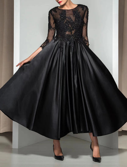 A-Line Elegant Cocktail Party Formal Black Dress Plus Size Evening Dress Illusion Neck 3/4 Length Sleeve Ankle Length Lace with Appliques