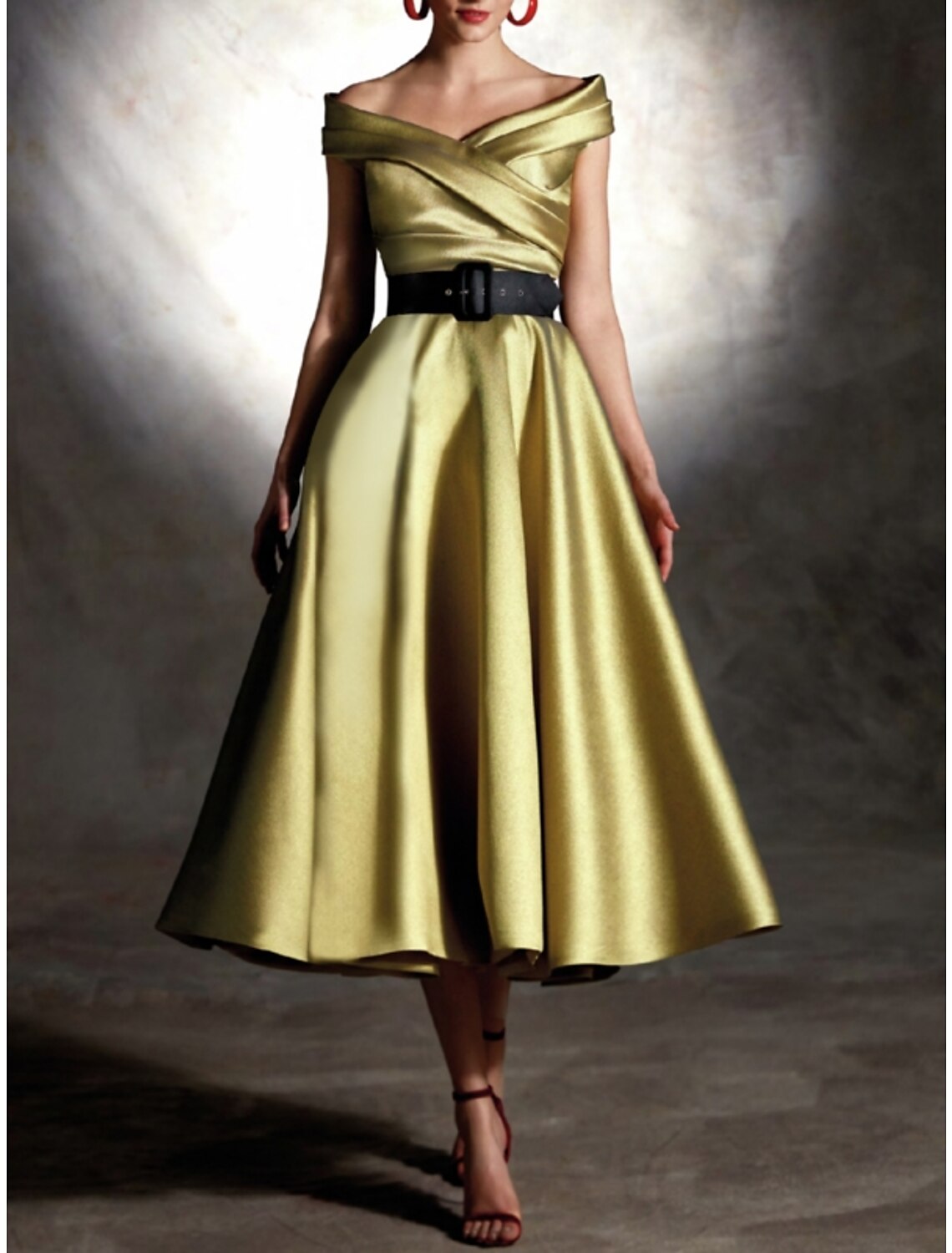 A-Line Cocktail Dresses Party Dress Formal Fall Tea Length Sleeveless Off Shoulder Satin with Pleats Ruched