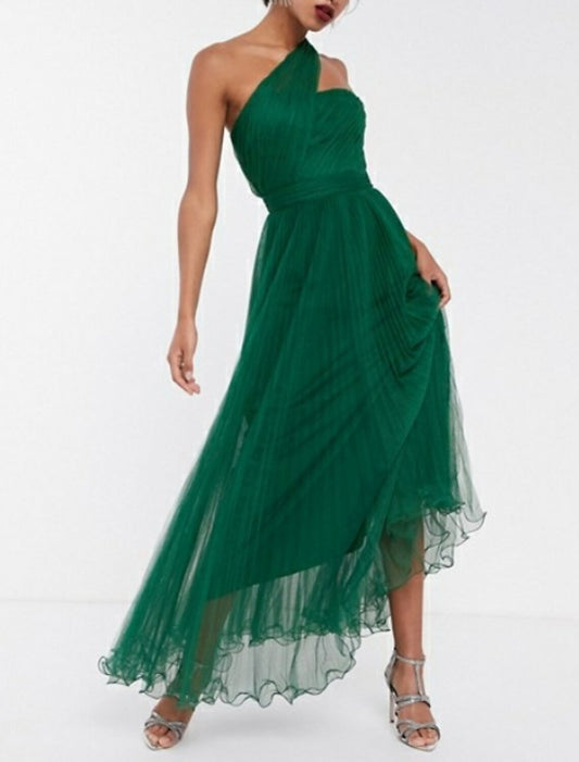 A-Line Maxi Wedding Guest Prom Dress One Shoulder Sleeveless Ankle Length Chiffon with Pleats Ruched