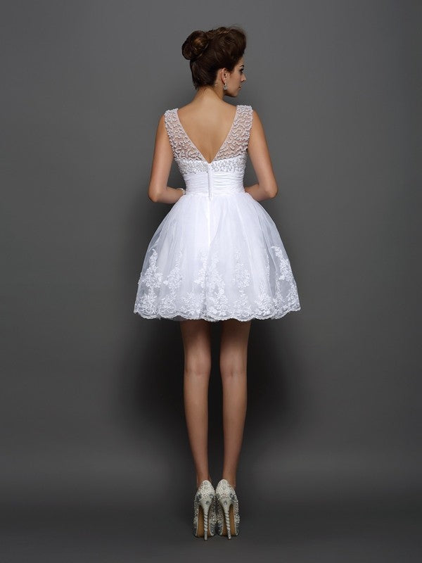 A-Line/Princess Bateau Pearls Sleeveless Short Elastic Woven Satin Cocktail Dresses