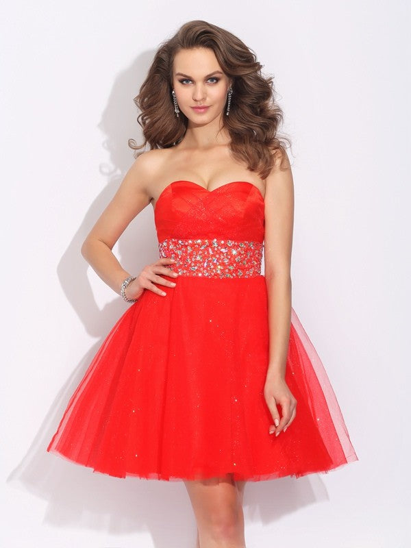 A-Line/Princess Sweetheart Rhinestone Sleeveless Short Net Dresses