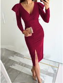 Women's Red Christmas Party Dress Cocktail Dress Wedding Guest Dress Midi Dress Black Pink Wine Long Sleeve Pure Color Ruffle Spring Fall Winter V Neck Winter Dress