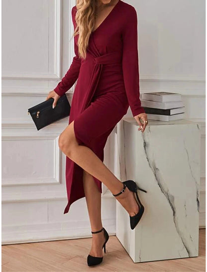 Women's Party Dress Red Christmas Dress Cocktail Dress Dress Midi Dress Wine Long Sleeve Pure Color Split Spring Fall Winter V Neck Winter Dress Christmas