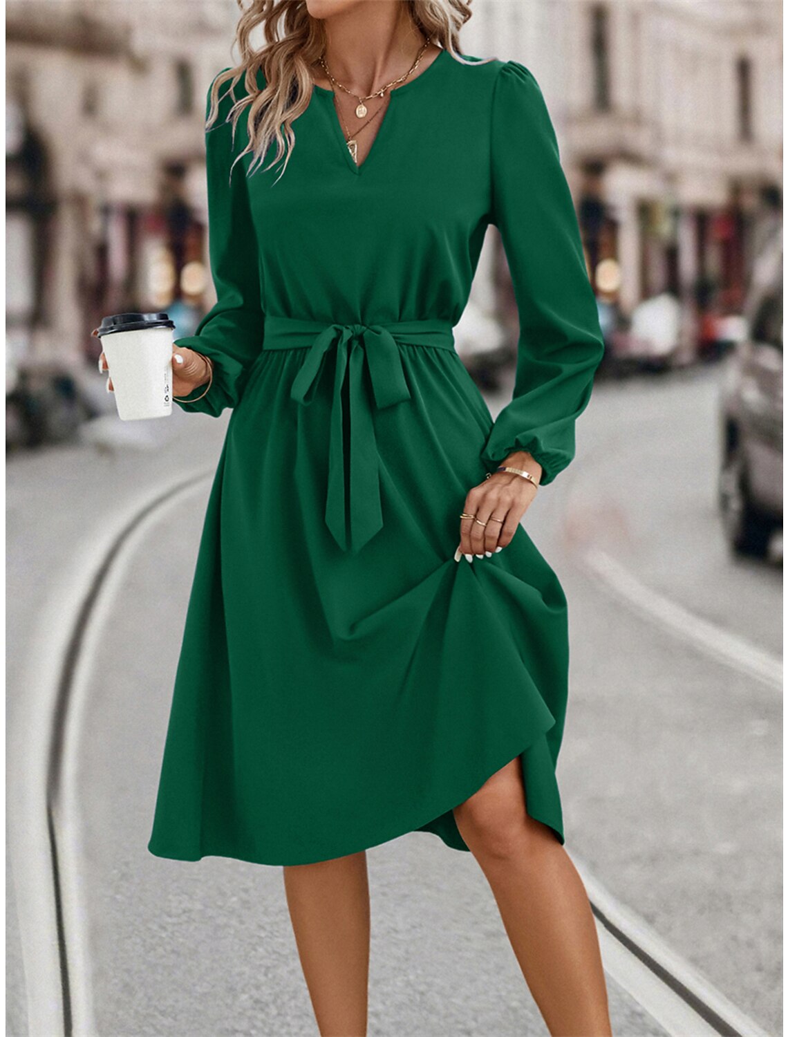 Women's Party Dress Cocktail Dress Wedding Guest Dress Midi Dress Black Dark Green Dark Blue Long Sleeve Plain Lace up Summer Spring Fall Split Neck Party Wedding Guest Vacation