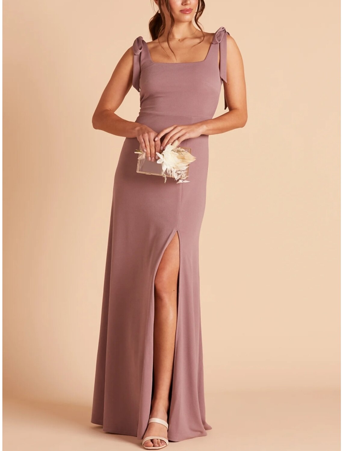 Sheath / Column Bridesmaid Dress Square Neck Sleeveless Pink Floor Length Stretch Chiffon with Split Front / Ruching