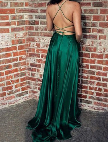 Women‘s Prom Party Dress Homecoming Dress Satin Maxi long Dress Green Red Sleeveless Pure Color Split Spring Summer Spaghetti Strap Party Stylish Elegant Party