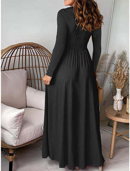 Women's Black Dress Party Dress Wedding Guest Dress Long Dress Maxi Dress Black Pink Wine Long Sleeve Pure Color Ruched Spring Fall Winter V Neck Fashion Winter Dress Wedding Guest Evening Party