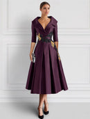 Buyishang Purple Embroidered A-Line Cocktail Dresses Mother of Bride Elegant Formal Ankle Length 3/4 Length Sleeve Shirt Collar Pocket Satin with Appliques