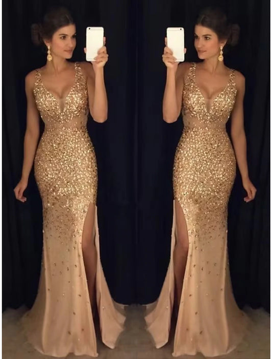 Mermaid / Trumpet Prom Dresses Luxurious Dress Formal Wedding Party Floor Length Sleeveless Sweetheart Tulle with Rhinestone Slit