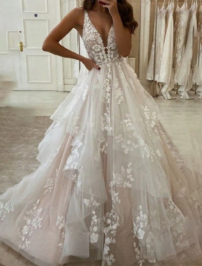 Engagement Formal Wedding Dresses Ball Gown V Neck Sleeveless Floor Length Lace Bridal Gowns With Beading Appliques
