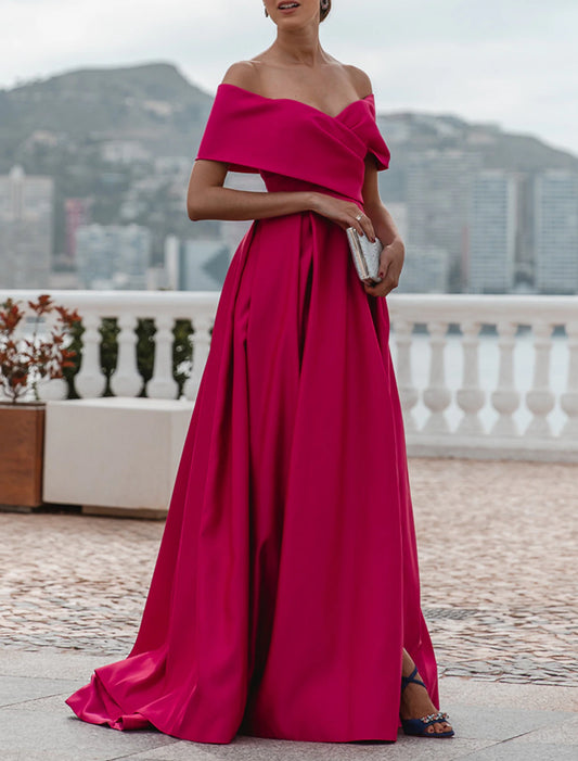 A-Line Evening Gown Party Dress Celebrity Style Dress Formal Wedding Court Train Sleeveless Off Shoulder Bridesmaid Dress Satin with Ruched Slit