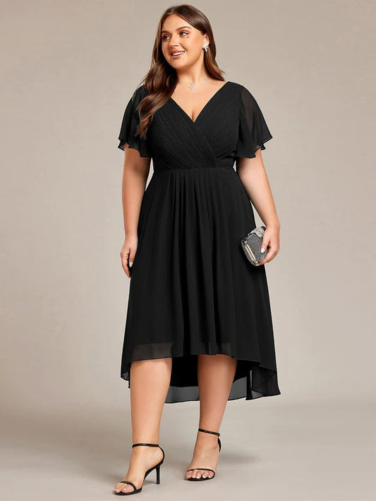 Plus Size Double V-Neck Ruffles Sleeve Chiffon Midi Wedding Guest Dressa/Evening Dresses