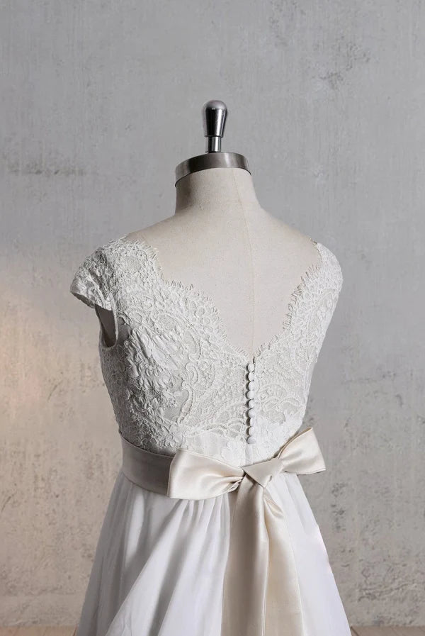 Buyishang Special Design Lace Cap Sleeve Chiffon Skirt With Champagne Sash