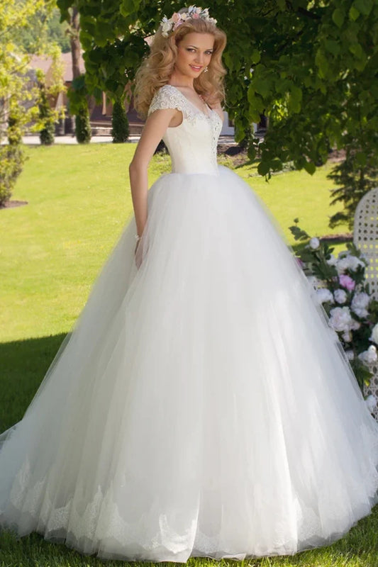 Buyishang Ball Gown V-Neck Ruched Cap Sleeve Tulle Wedding Dress