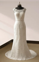 Buyishang Bateau Neck Cap Sleeve Fit and Flare Lace Wedding Dress