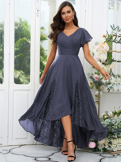 A-Line/Princess Chiffon Lace V-neck Short Sleeves Asymmetrical Bridesmaid Dresses