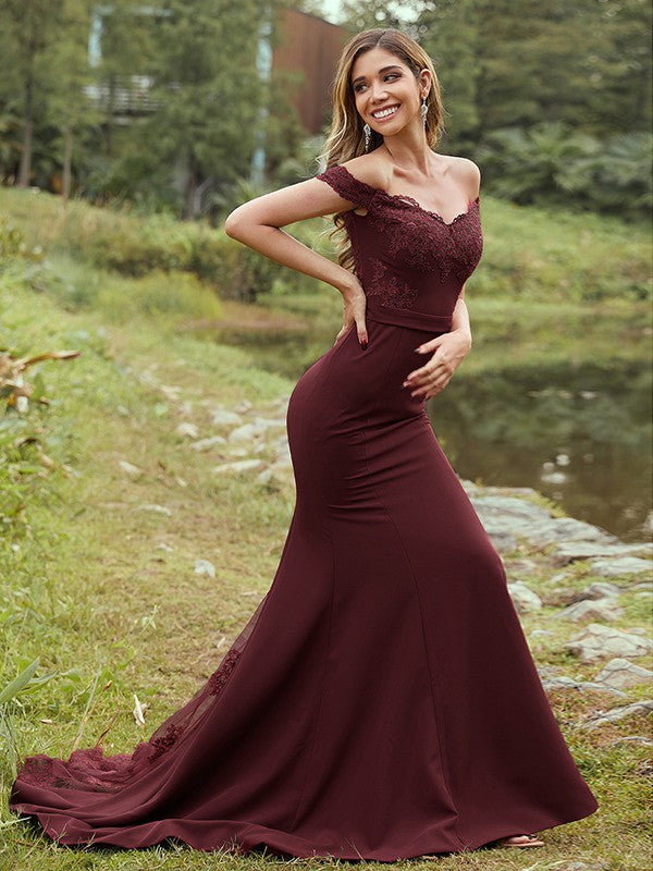 Sheath/Column Stretch Crepe Applique Off-the-Shoulder Sleeveless Sweep/Brush Train Bridesmaid Dresses