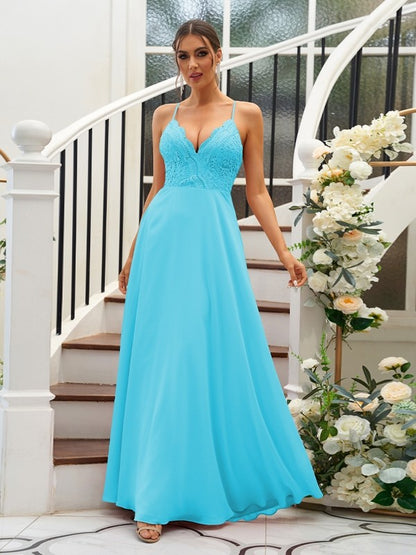 A-Line/Princess Chiffon Lace V-neck Sleeveless Floor-Length Bridesmaid Dresses