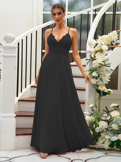 A-Line/Princess Chiffon Lace V-neck Sleeveless Floor-Length Bridesmaid Dresses