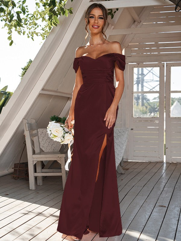 Sheath/Column Silk like Satin Ruched Off-the-Shoulder Sleeveless Floor-Length Bridesmaid Dresses