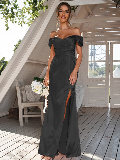 Sheath/Column Silk like Satin Ruched Off-the-Shoulder Sleeveless Floor-Length Bridesmaid Dresses