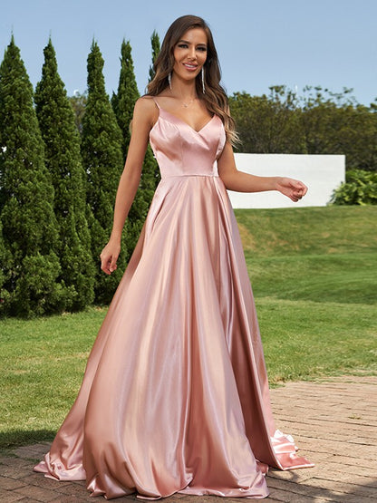 A-Line/Princess Silk like Satin Ruffles V-Neck Sleeveless Sweep/Brush Train Bridesmaid Dresses