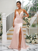 Sheath/Column Silk like Satin Ruched V-neck Sleeveless Sweep/Brush Train Bridesmaid Dresses