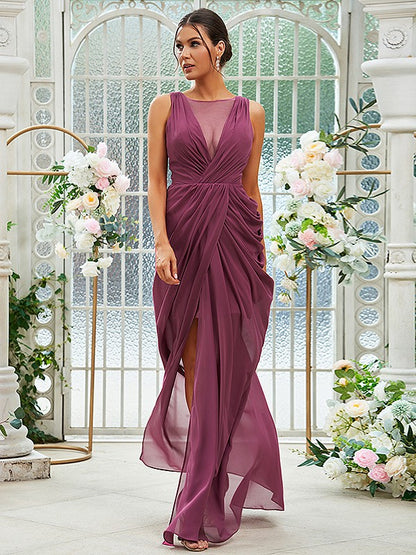 Sheath/Column Chiffon Ruched Scoop Sleeveless Floor-Length Bridesmaid Dresses