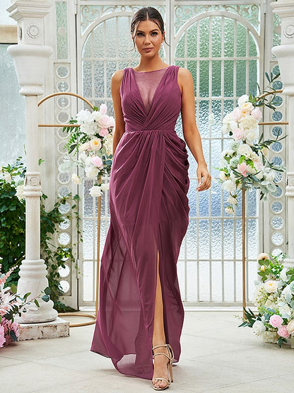 Sheath/Column Chiffon Ruched Scoop Sleeveless Floor-Length Bridesmaid Dresses