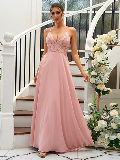 A-Line/Princess Chiffon Lace V-neck Sleeveless Floor-Length Bridesmaid Dresses