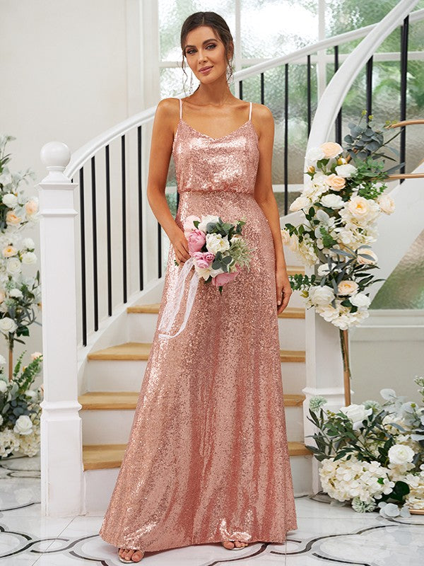 A-Line/Princess Sequins Ruched Straps Sleeveless Floor-Length Bridesmaid Dresses