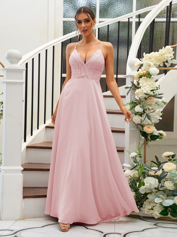 A-Line/Princess Chiffon Lace V-neck Sleeveless Floor-Length Bridesmaid Dresses