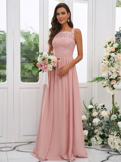 A-Line/Princess Chiffon Applique Square Sleeveless Floor-Length Bridesmaid Dresses