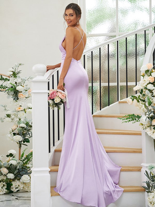 Sheath/Column Ruched Square Sleeveless Sweep/Brush Train Bridesmaid Dresses